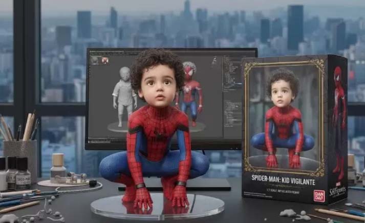 Hasil foto olahan Gemini AI anak ala action figure superhero.