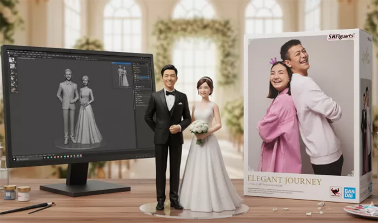 Foto AI miniatur bareng pasangan ala wedding couple yang lucu dan romantis.
