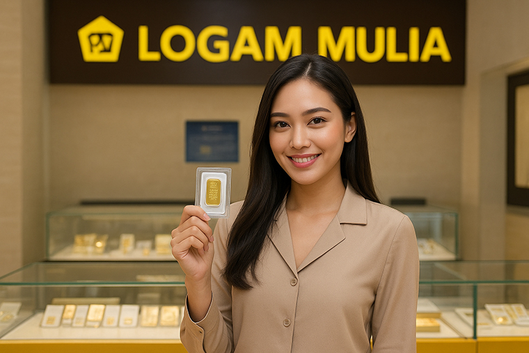 Ilustrasi perempuan muda memamerkan emas batangan.