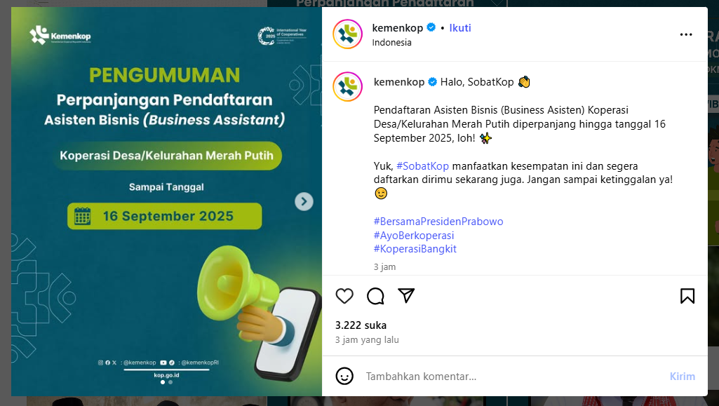 Lowongan kerja Kemenkop untuk Koperasi Desa/Merah Putih.