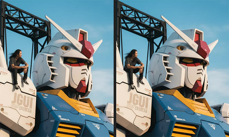 Hasil foto AI dengan Google Gemini, terlihat epik seolah benar-benar duduk di bahu Gundam RX-78-2.