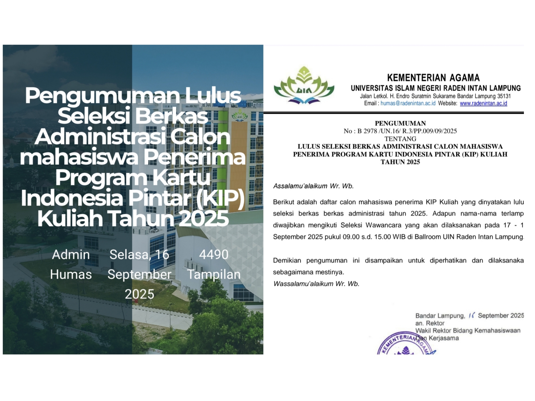 Pengumuman KIP Kuliah UIN Raden Intan 2025.