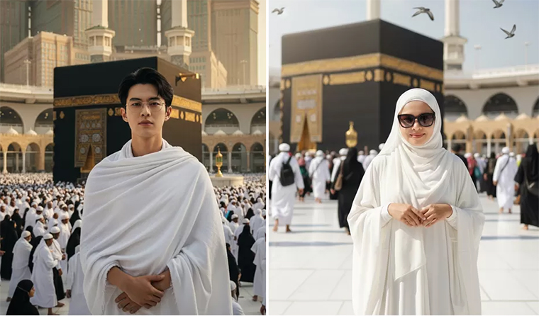 Hasil gambar menggunakan prompt AI foto di depan Kabah, yang jadi cara unik banyak orang untuk memanifestasikan haji dan umroh.