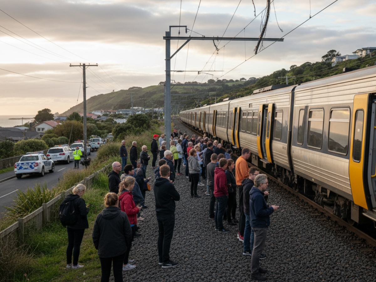 Gangguan Kāpiti Line di Wellington akibat kabel listrik putus membuat penumpang terjebak 3 jam.