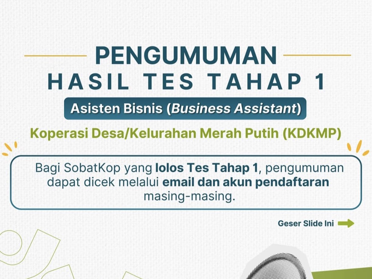 Pengumuman Hasil Tes Tahap 1 Asisten Bisnis Kemenkop.