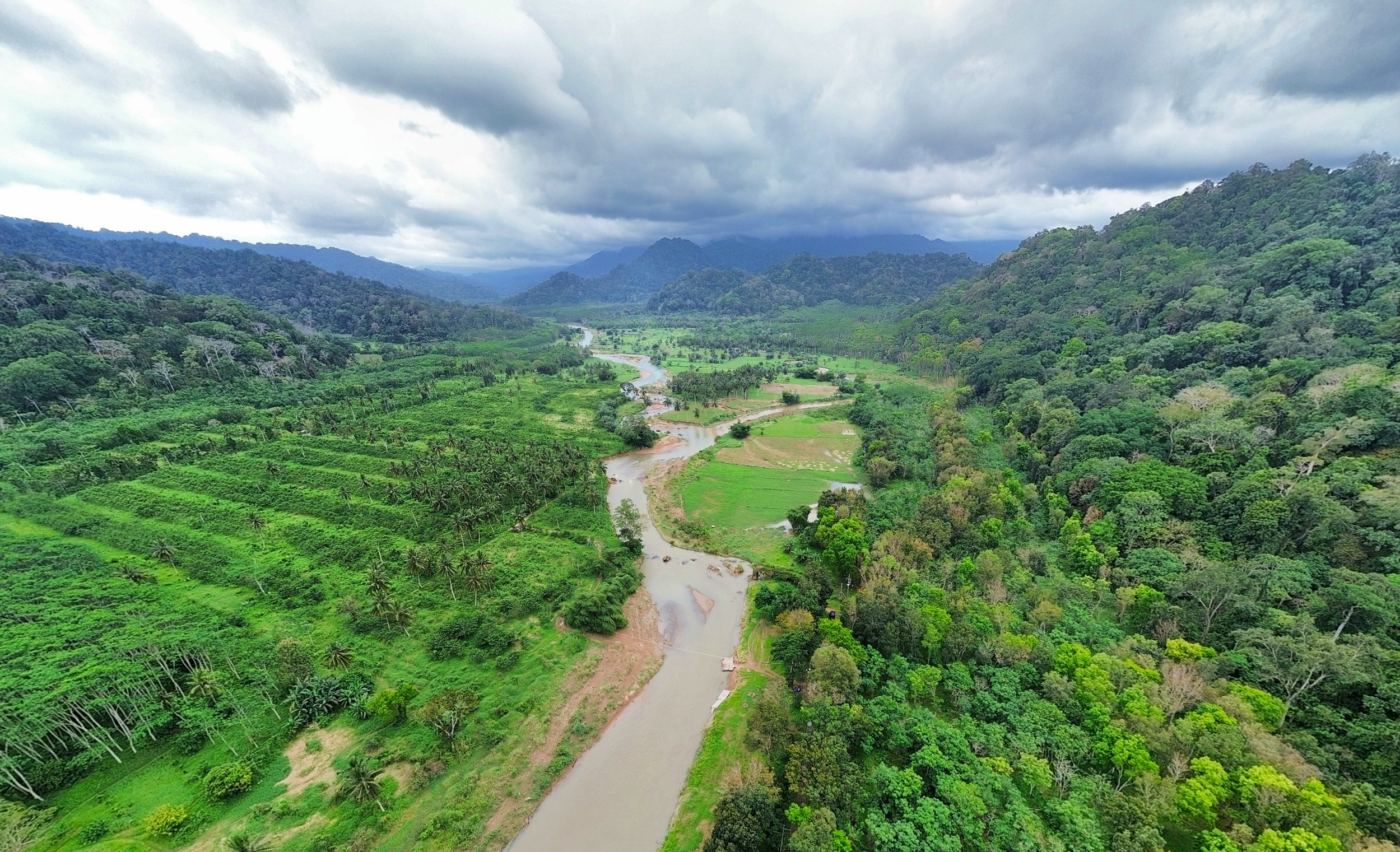 Pantauan dari udara Sungai Sukamade di tengah hutan Desa Sarongan, Kecamatan Pesanggaran.