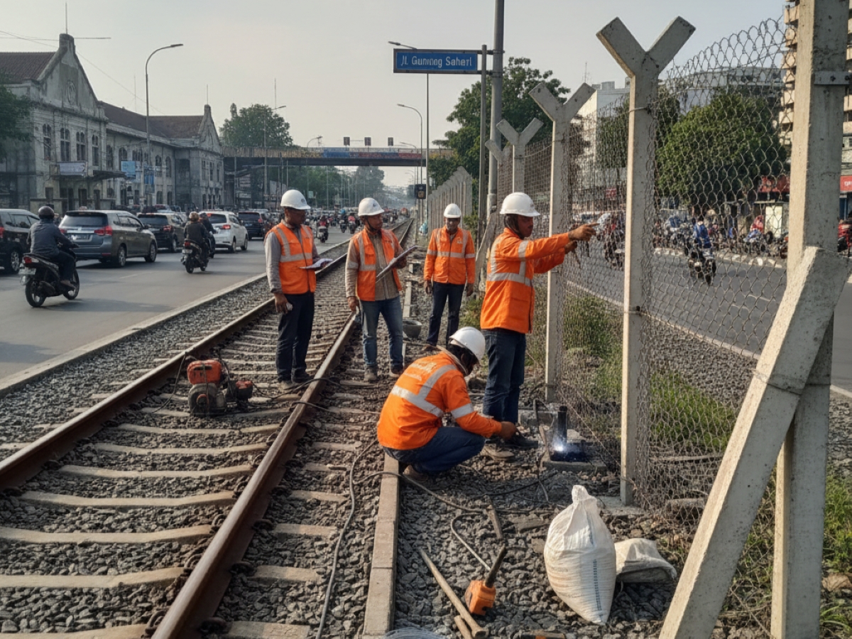 KAI Daop 1 Jakarta perbaiki pagar jalur KA Gunung Sahari.