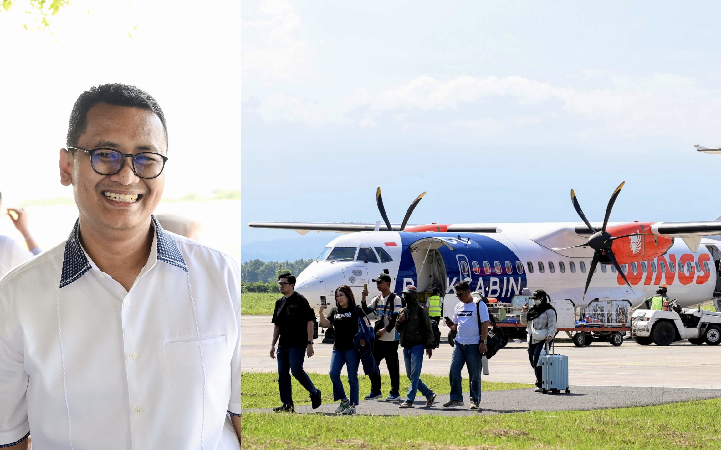 Wakil Kadin Banyuwangi, Dede Abdul mencoba langsung penerbangan perdana Wings Air rute Banyuwangi - Surabaya, Rabu (24/9/2025).