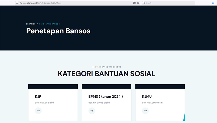 Tampilan laman cek KJP Plus di link https://edu.jakarta.go.id/kjp/cek_bansos_disdik/#form