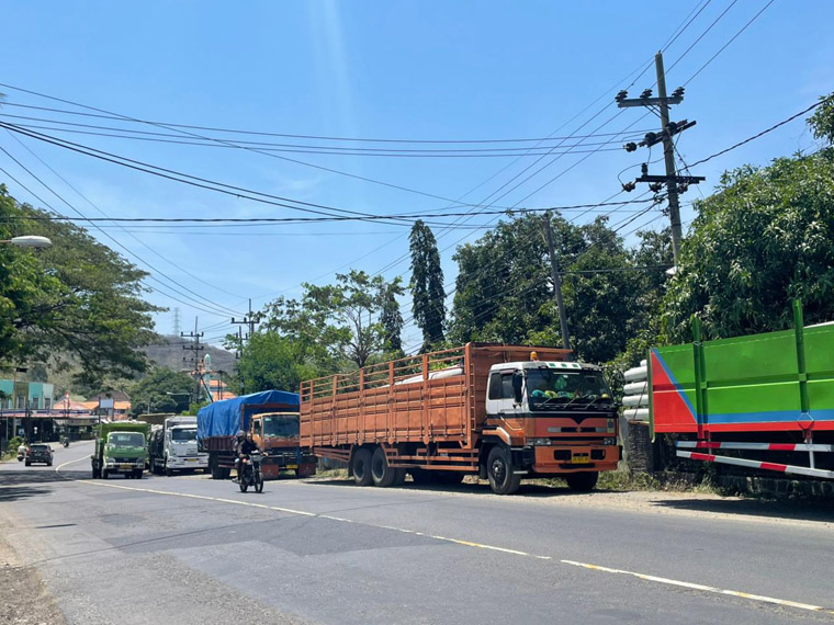 MENGULAR: Antrean truk terlihat di sekitar bahu jalan dekat kantor Pelindo III Tanjung Wangi, Banyuwangi, Kamis (24/9).