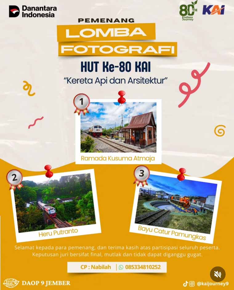 JUARA 1: Foto kereta api yang melintas di JPL 17 berbentuk rumah Oseng di Jalan Raden Wijaya, Giri, dinobatkan sebagai pemenang lomba foto PT KAI Daops Jember.