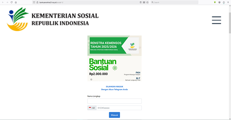 WASPADA PENIPUAN: Link https://bantuanonline21.my.id/sosial-1/ yang beredar di media sosial adalah hoak.