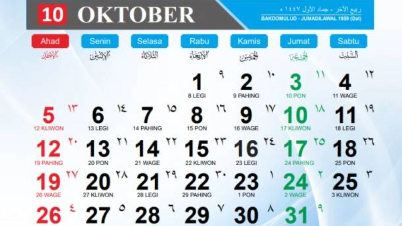 Kalender Jawa lengkap bulan Oktober 2025.