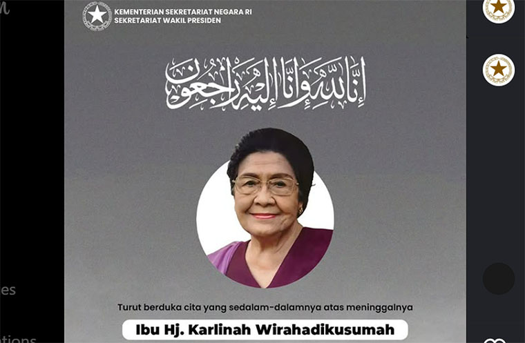 Karlinah Umar Wirahadikusumah Binti Djajaatmaja, istri mendiang Wapres ke-4 RI, meninggal dunia, Senin (6/10/2025).