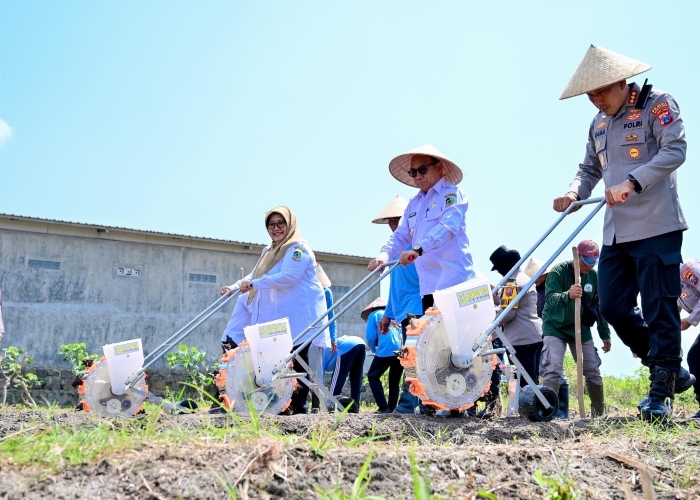 Kapolresta Banyuwangi Kombespol Rama Samtama Putra bersama Wabup Mujiono dan para petani melubangi lahan yang akan ditanami jagung memakai mesin rotary di Lingkungan Wonosari, Kelurahan Sobo,