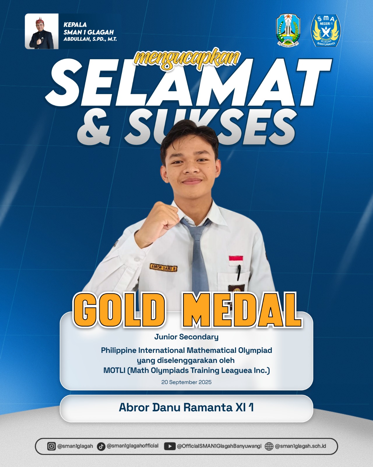 Siswa SMAN 1 Glagah, Abror Danu Ramanta meraih Gold Medal.