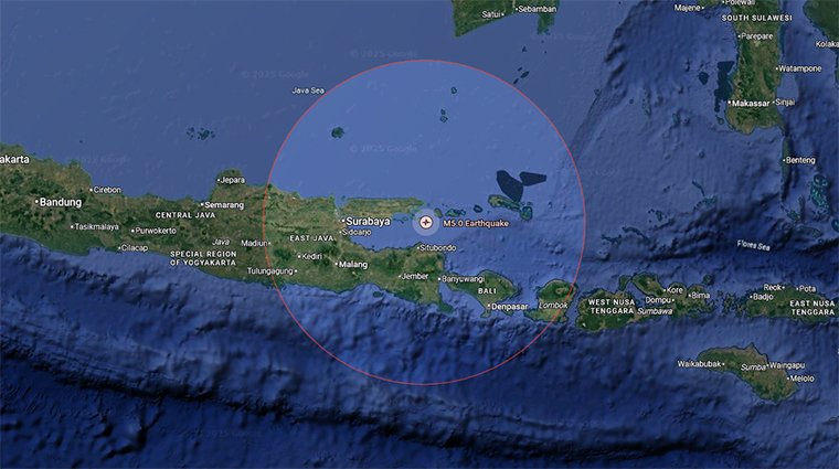 Pusat gempa magnitudo 5.0 berada di kedalaman 14 km perairan Sumenep Madura.