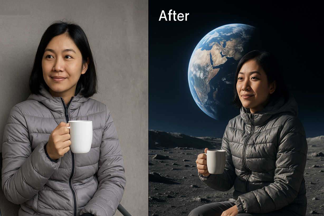 Cara edit foto AI ngopi di bulan.