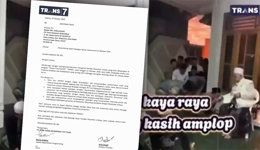 Surat pemintaan maaf Trans7 kepada Pesantren Lirboyo Kediri.