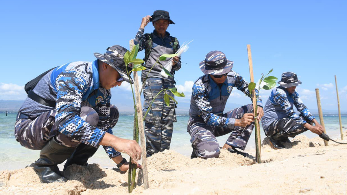CEGAH ABRASI: Personel Lanal Banyuwangi dan Jalasenastri Cabang 6 Koarmada V menanam mangrove di sekitar Pulau Tabuhan, Selasa (14/10)