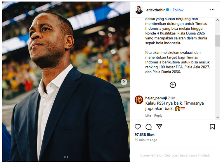 Kabar pemberhentian Patrick Kluivert dari pelatih Timnas Indonesia disampaikan Erick Thohir di akun Instagram resminya.