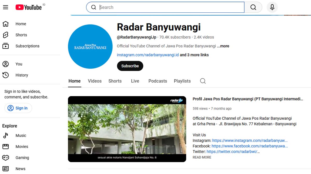 ILUSTRASI: Tangkapan layar kanal Youtube Radar Banyuwangi sudah mulai bisa diakses kembali.