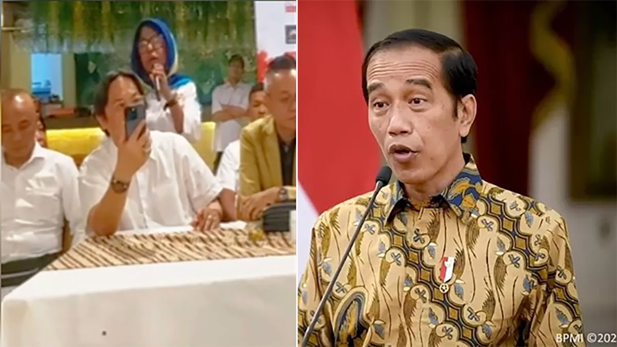Video perempuan yang hendak demo pakai CD dan celdam (kiri). Insert: Mantan Presiden Jokowi.
