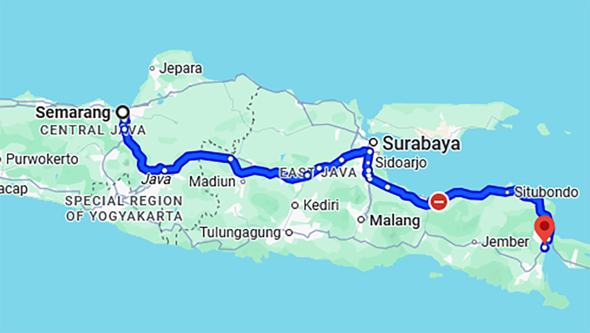 Peta jarak antara Semarang menuju Banyuwangi di Google Map.