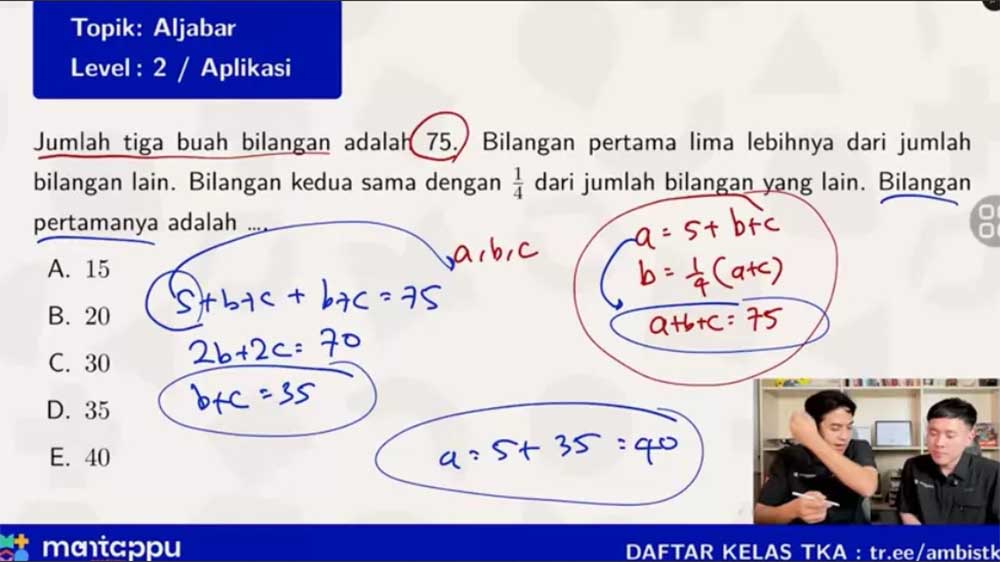 Jerome menjelaskan kunci mengerjakan soal ini adalah mengubah bahasa Indonesia menjadi bahasa matematika.