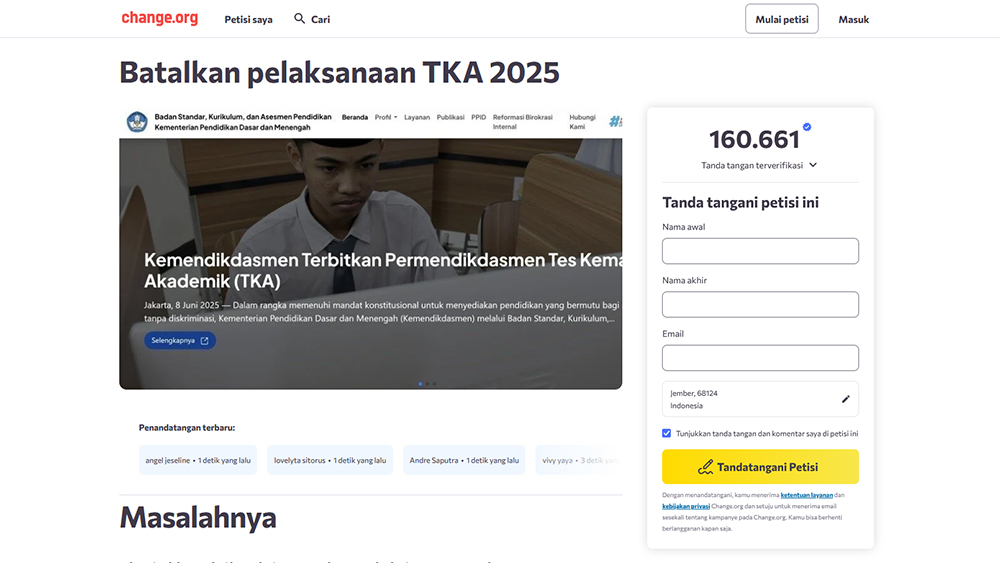 Petisi batalkan TKA 2025 yang ditulis Agit di Change.org