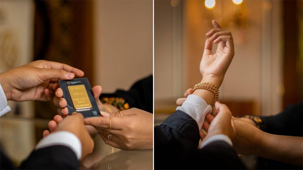 ILUSTRASI emas batangan dan perhiasan untuk investasi.