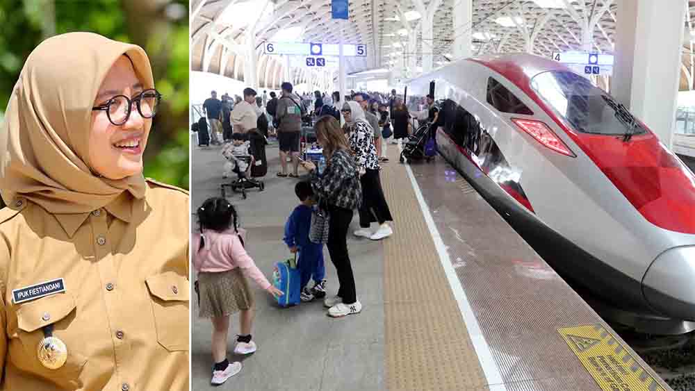 Bupati Banyuwangi Ipuk Fiestiandani (kiri). Penumpang di Stasiun Kereta Cepat Whoosh Halim, Jakarta, beberapa waktu lalu. Presiden Prabowo ingin Kereta Cepat Whoosh tembus Banyuwangi.