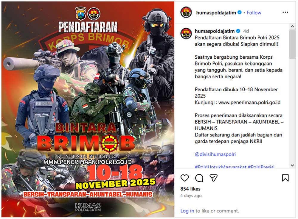 Polri resmi membuka Pendaftaran Bintara Brimob 10-18 November 2025.