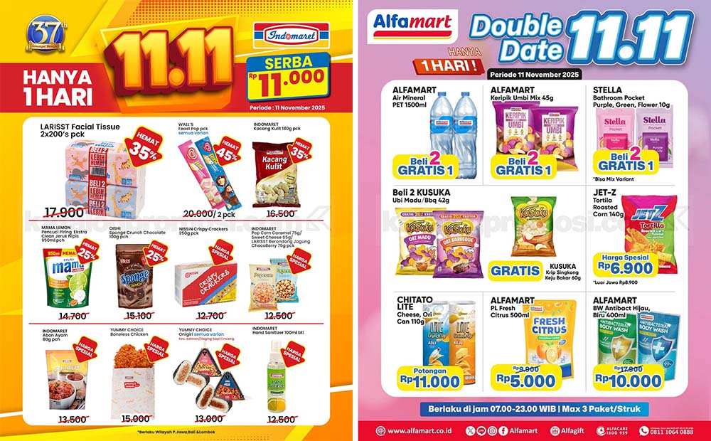 Nikmati promo besar 11.11 November 2025 di Shopee, Alfamart, dan Indomaret. Diskon, cashback, dan gratis ongkir menantimu!