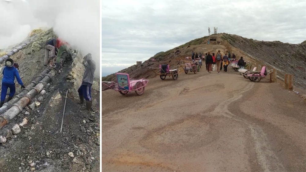 Para Teknisi PT Candi Ngrimbi sedang memperbaiki pipa belerang di spot foto blue fire, Selasa (11/11). Pengunjung Ijen terus menurun setelah blue fire tak bisa dilihat (kanan).