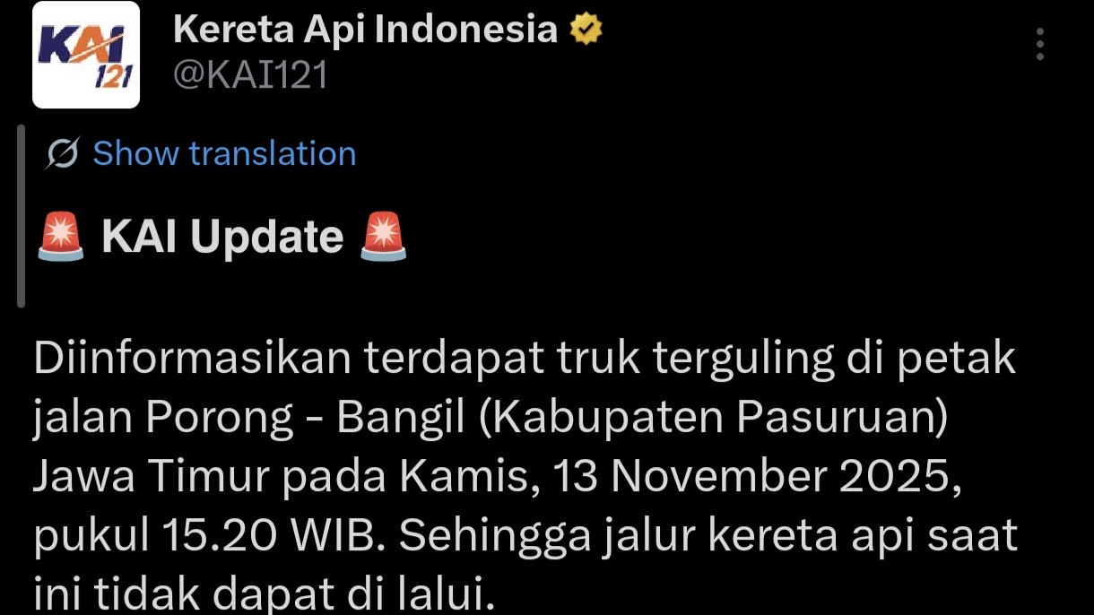 Informasi gangguan perjalanan kereta api di Kabupaten Pasuruan, Jawa Timur.