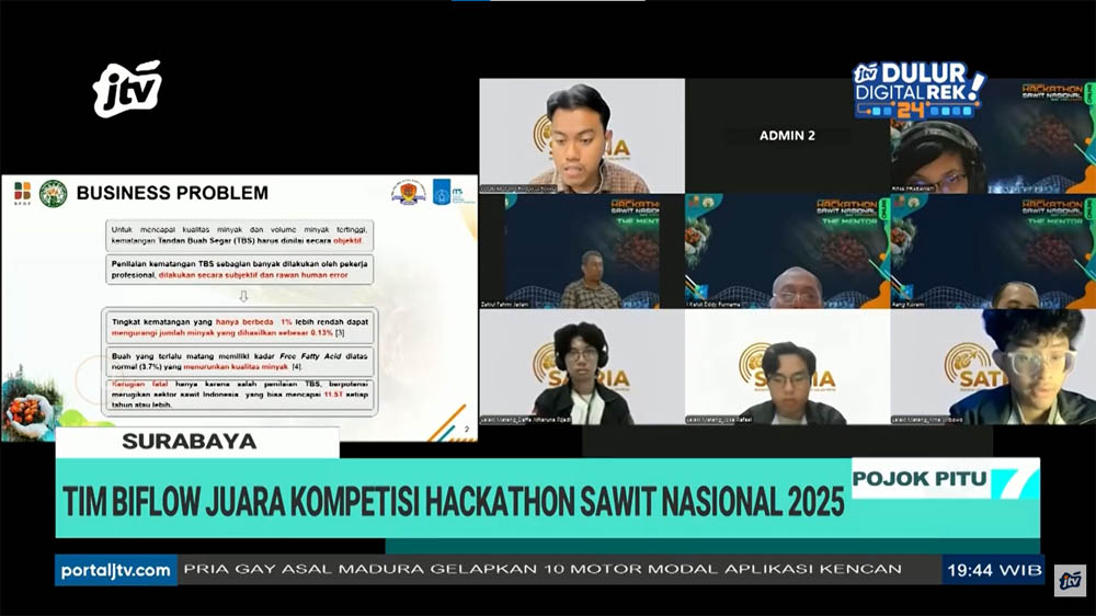 Dua tim mahasiswa dari ITS, Tim BiFlow dan Tim SawITSmart, menjadi juara dan runner up Hackathon Sawit Nasional 2025.