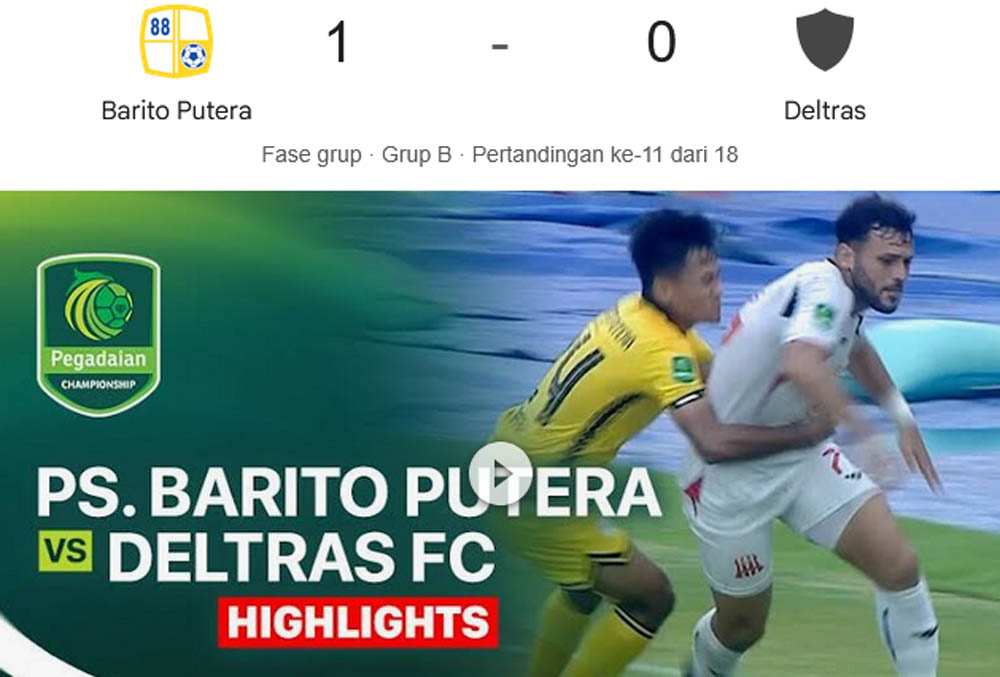 Hasil akhir Barito Putre vs Deltras FC ubah konfigurasi klasemen grup B Liga 2.