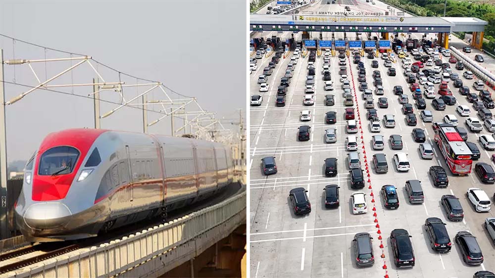 Kereta Cepat Whoosh dan antrean kenaraan saat memasuki gerbang tol Cikampek Utama arah Jakarta. Pemerintah akan berlakukan diskon tarif tol selama Nataru 2025.