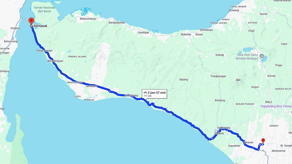 Map jalan nasional Gilimanuk-Mengwi. Jalan tol akan dibangun untuk menikngkatkan konektivitas di Bali Barat.