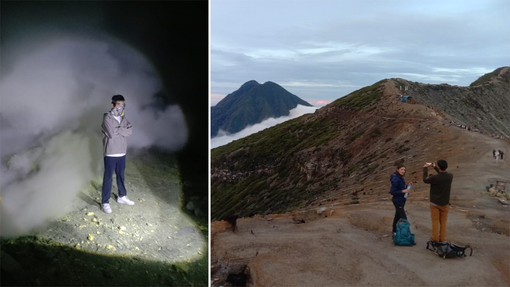 Seorang wisatawan hanya bisa melihat asap putih di dekat dapur belerang. Kondisi puncak Ijen tak seramai bulan sebelumnya.