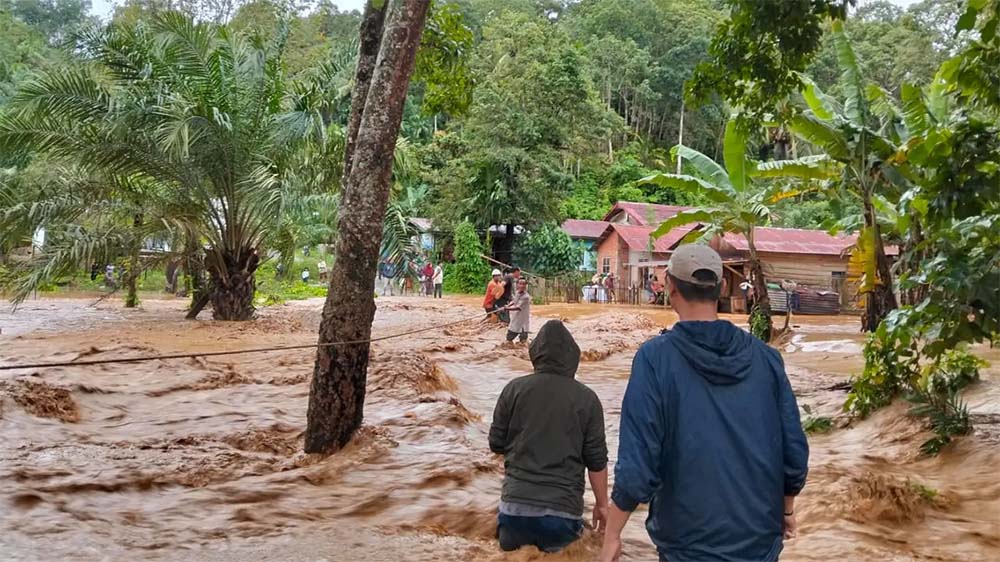 Kondisi banjir yang melanda wilayah Kabupaten Padang Sidempuan, Provinsi Sumatera Utara pada Selasa (25/11).