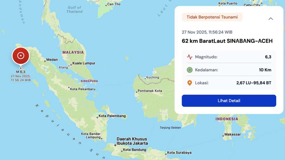 Gempa bumi berkekuatan 6,3 Magnitudo mengguncang Sinabang, Aceh. Kamis (27/11/2025) pukul 11.56 WIB.