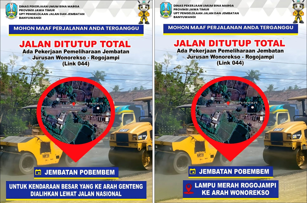 Penutupan 7 titik arus lalu lintas Banyuwangi imbas rehabilitasi Jembatan Pohbembem I, berlaku 10-23 Desember 2025.