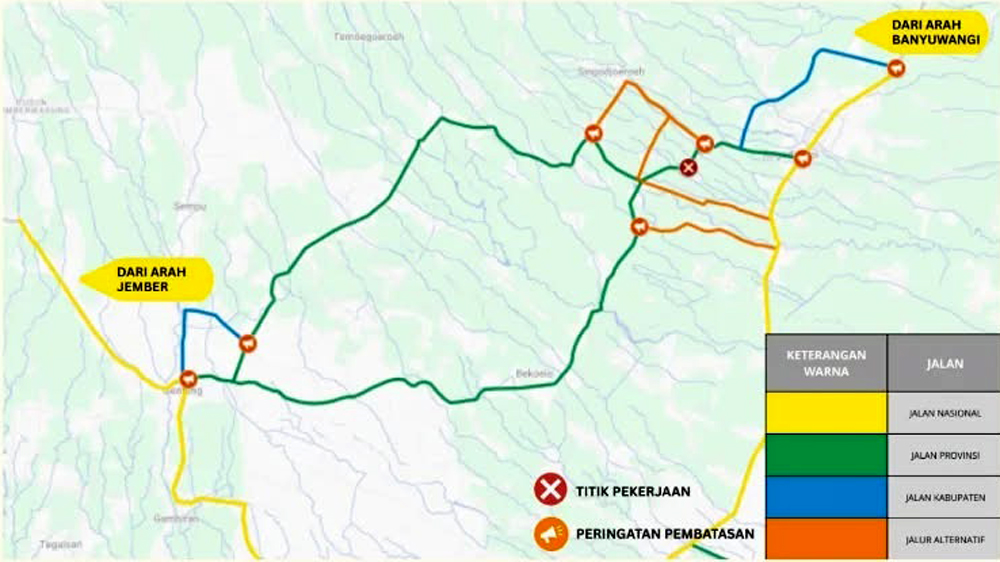 Peta pengalihan arus lalu lintas tanggal 10 hingga 23 Desember 2025 karena adanya pekerjaan rehabilitasi Jembatan Pohbembem I di ruas jalan Wonorekso &ndash; Rogojampi.