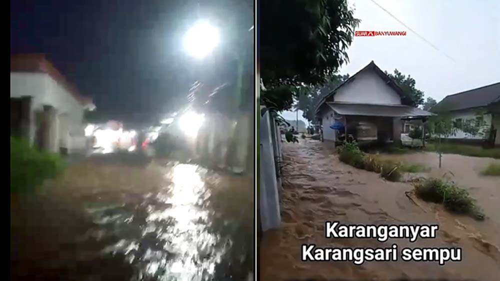 Banjir terjadi di pertigaan Kedungrejo Muncar dan banjir di Karangsari Sempu Banyuwangi, Senin malam (15/12).