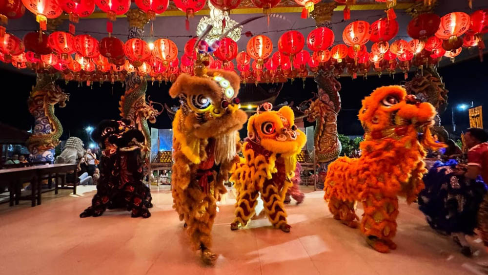 Atraksi tarian barongsai menghibur warga pada malam tahun baru di halaman Kelenteng Hoo Tong Bio, Kelurahan Karangrejo, Rabu malam (31/12).