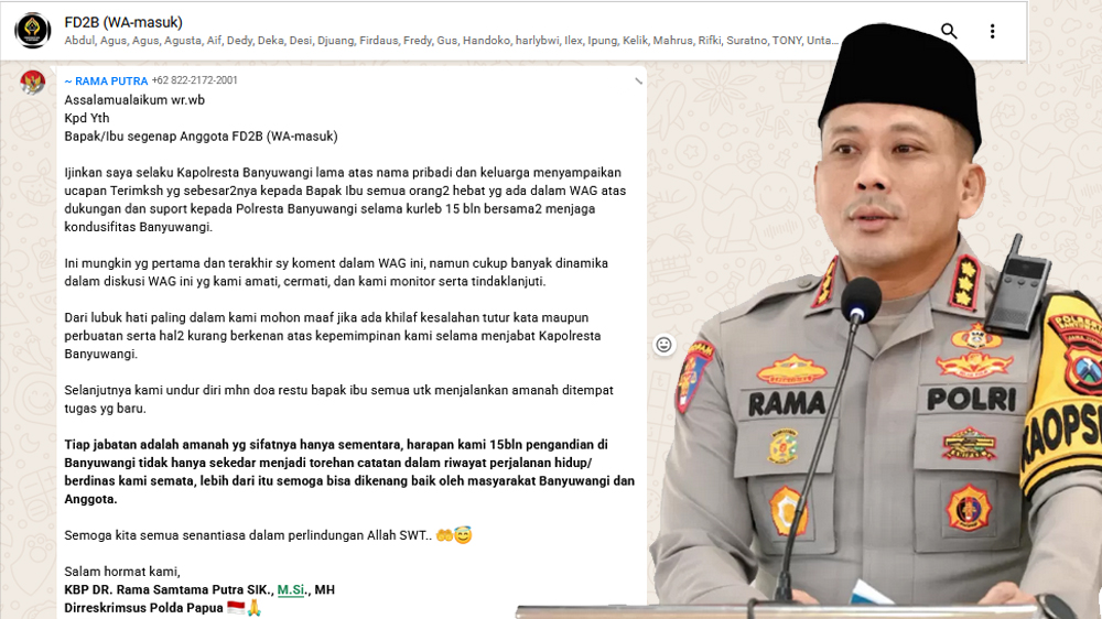 KBP Dr. Rama Samtama Putra, SIK., M.Si., MH, menyampaikan pamitan sekaligus ucapan terima kasih kepada seluruh elemen masyarakat Banyuwangi.