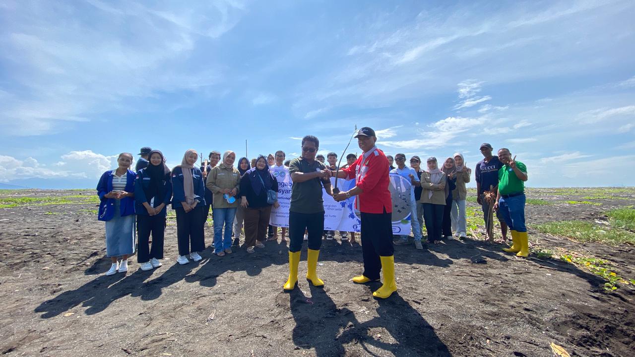 Mahaiswa Fakultas Pertanian Uniba bersama mahasiswa Faculty of Agriculture Technology Universidade da Paz (Unpaz) Timor Leste menanam pohon dan melepas tukik di Pantai Cemara pada Senin (12/1).