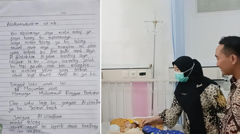 PESAN TERTULIS: Secarik kertas berisi pesan sengaja ditinggalkan orang tua bayi di teras rumah Sutikno, warga Desa Olehsari, Glagah.